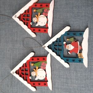 Christmas Ornament Santa Snowman Laser Cut Wood Hand Painted Wire Hanger 3 piece